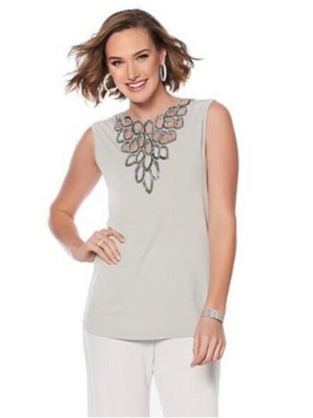 Joan Boyce Light Gray Sleeveless Top with Beaded Neckline